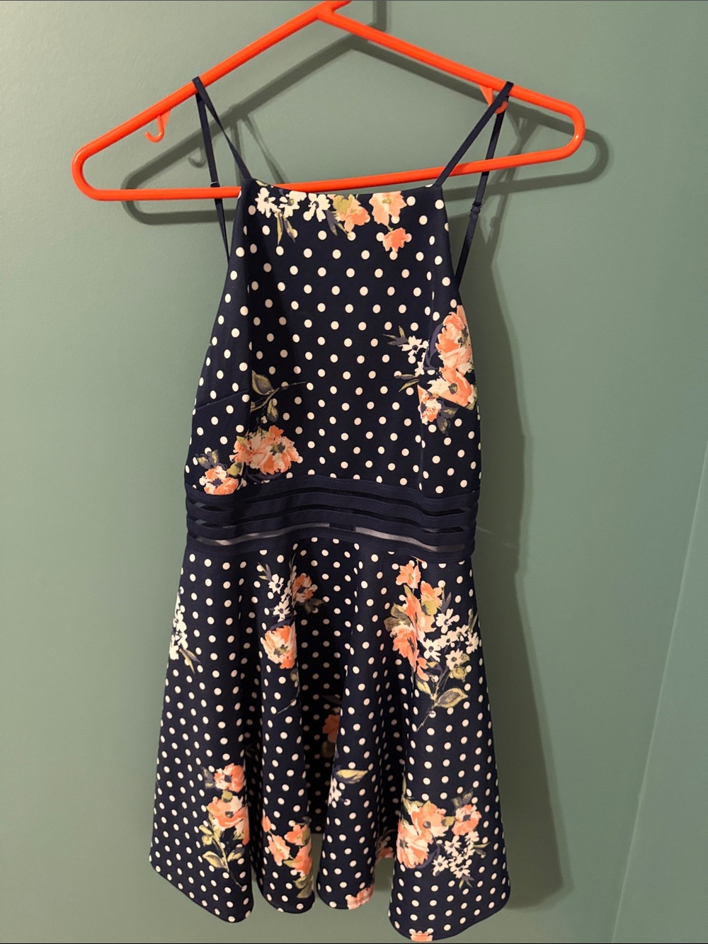 City Studio Navy Polka Dot Mini Dress with Peach Floral Accents